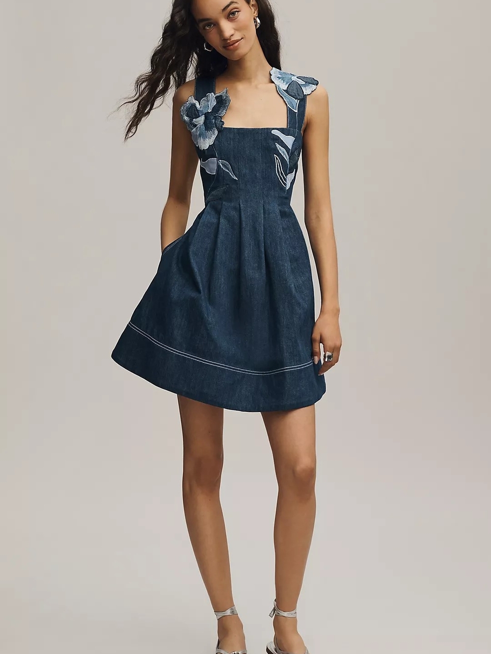 Maeve Denim Embroidered Fit & Flare Mini Dress